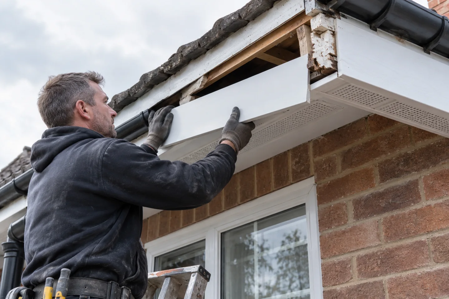Roofer repairing fascia and soffit boards